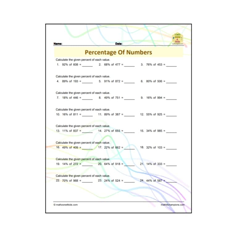 Elementary school Worksheet | Percentage of Numbers
