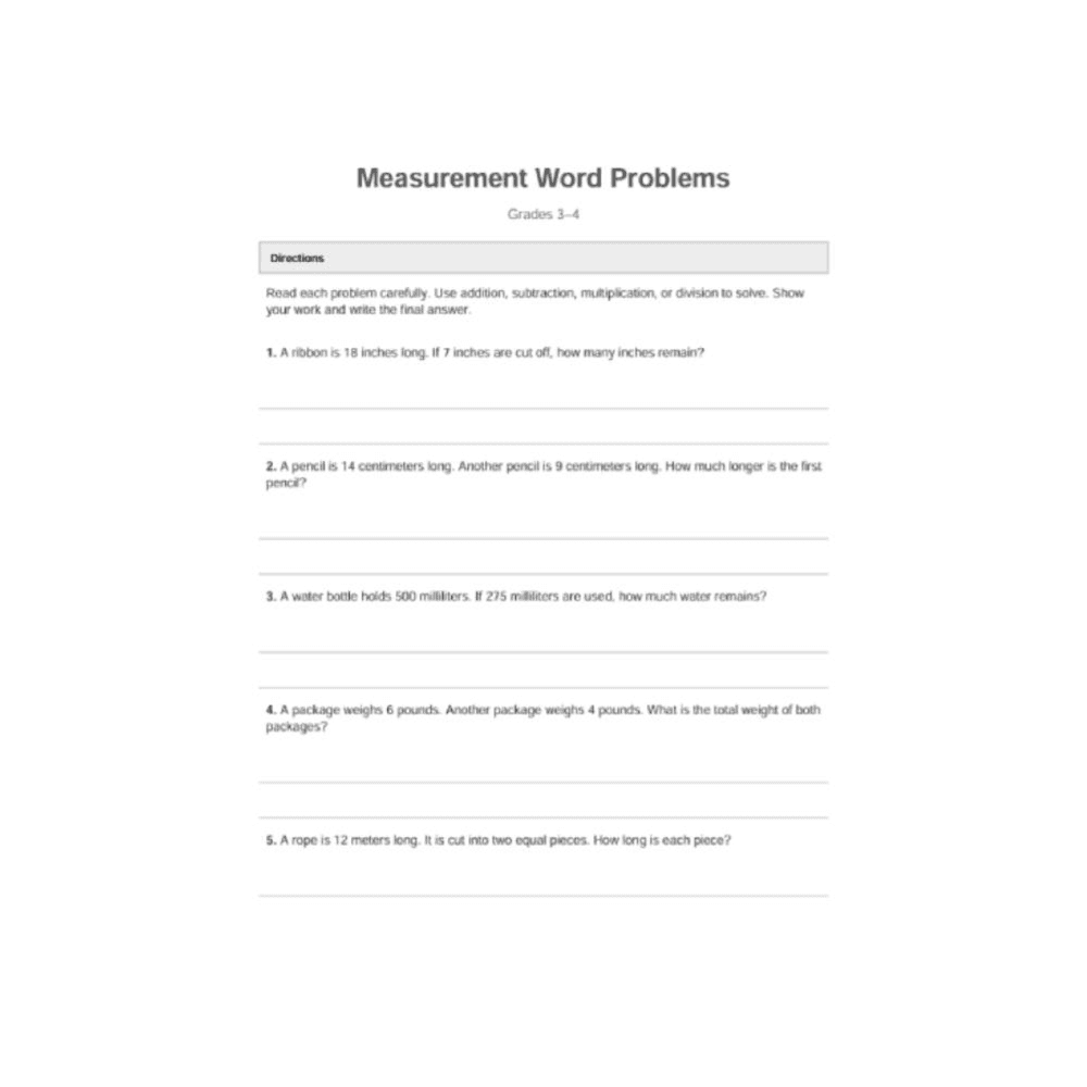 Elementary school Worksheet | Measurement Word Problems (Grades 3–4)