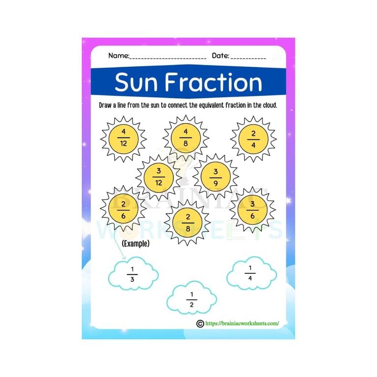 Elementary school Worksheet | Sun Equivalent Fraction Maths Worksheet for Class 5