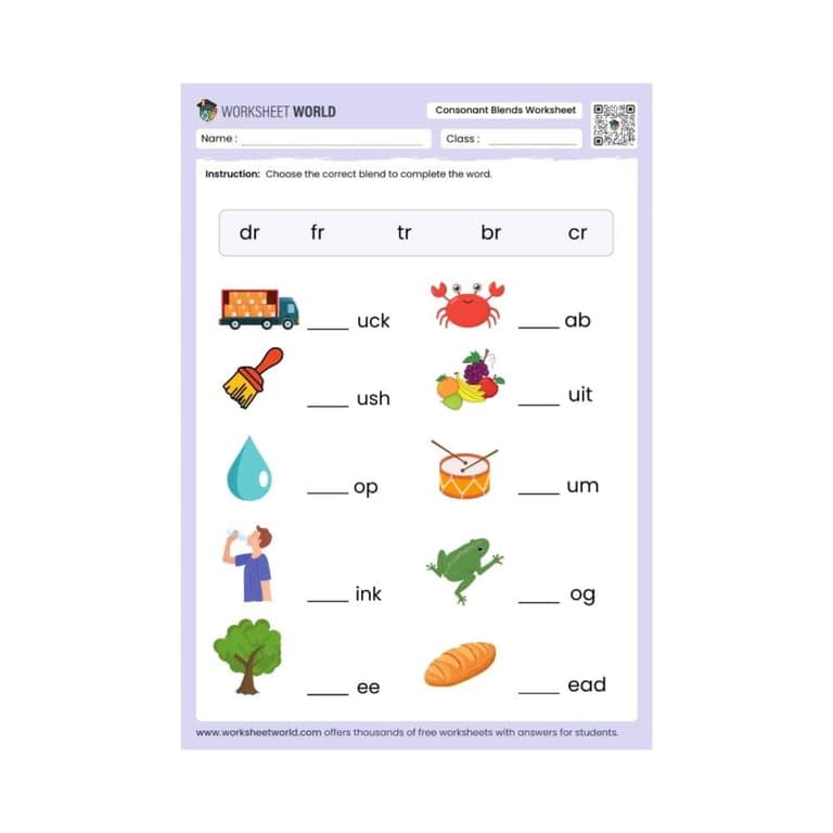 Elementary school Worksheet | Consonant Blends (With Answers)