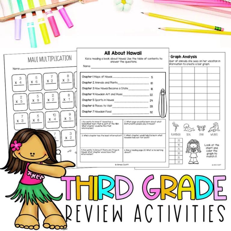 Elementary school Lesson Package | Third Grade Math Review - End of Year Activities Hawaii Theme