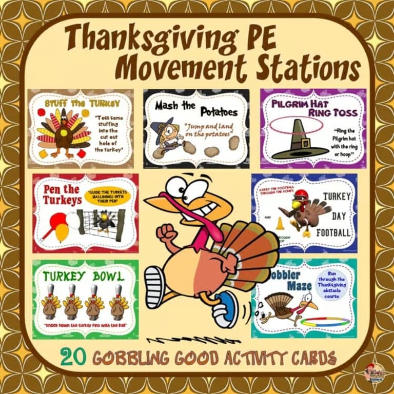 Elementary school Energizer | Thanksgiving PE Movement Stations- 20 Gobbling Good Activity Cards