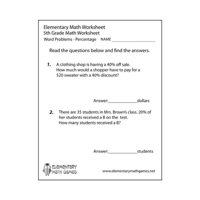 Elementary school Worksheet | Fifth Grade Percentage Word Problems Worksheet