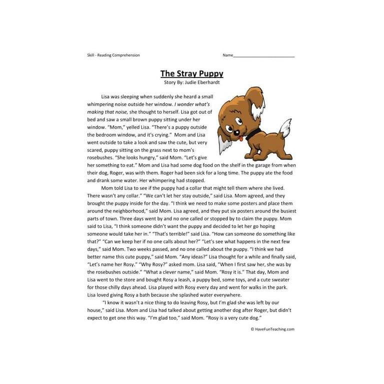 Elementary school Worksheet | The Stray Puppy Reading Comprehension