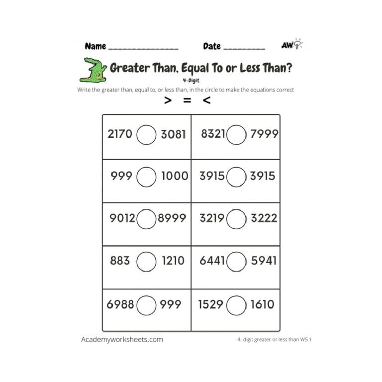 Elementary school Worksheet | Comparing Numbers – 4 Digits