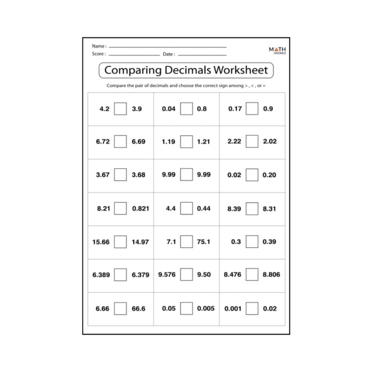 Elementary school Worksheet | Comparing Decimals Worksheet
