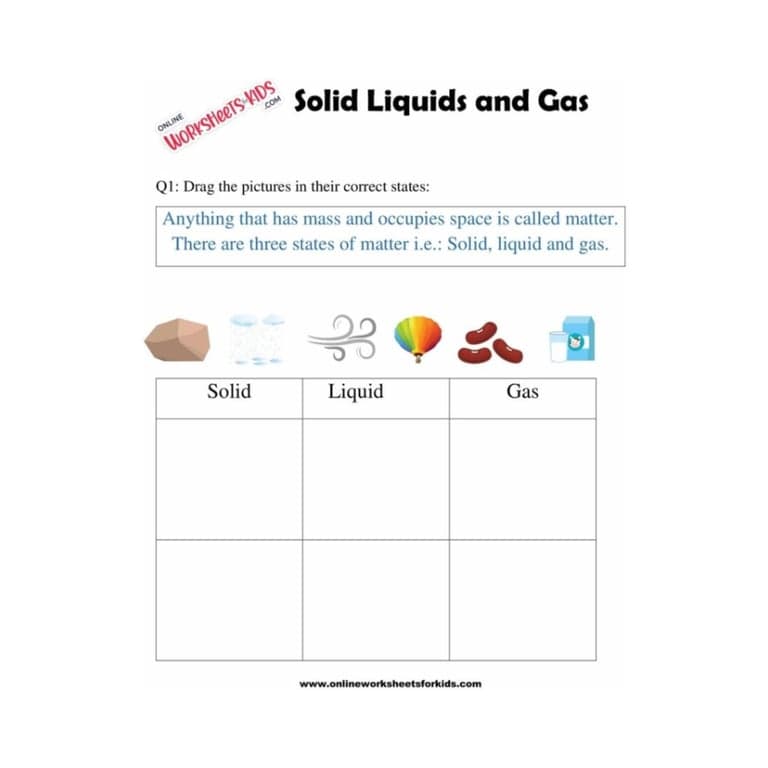 Elementary school Worksheet | Solid Liquids and Gas Worksheet for Grade 1
