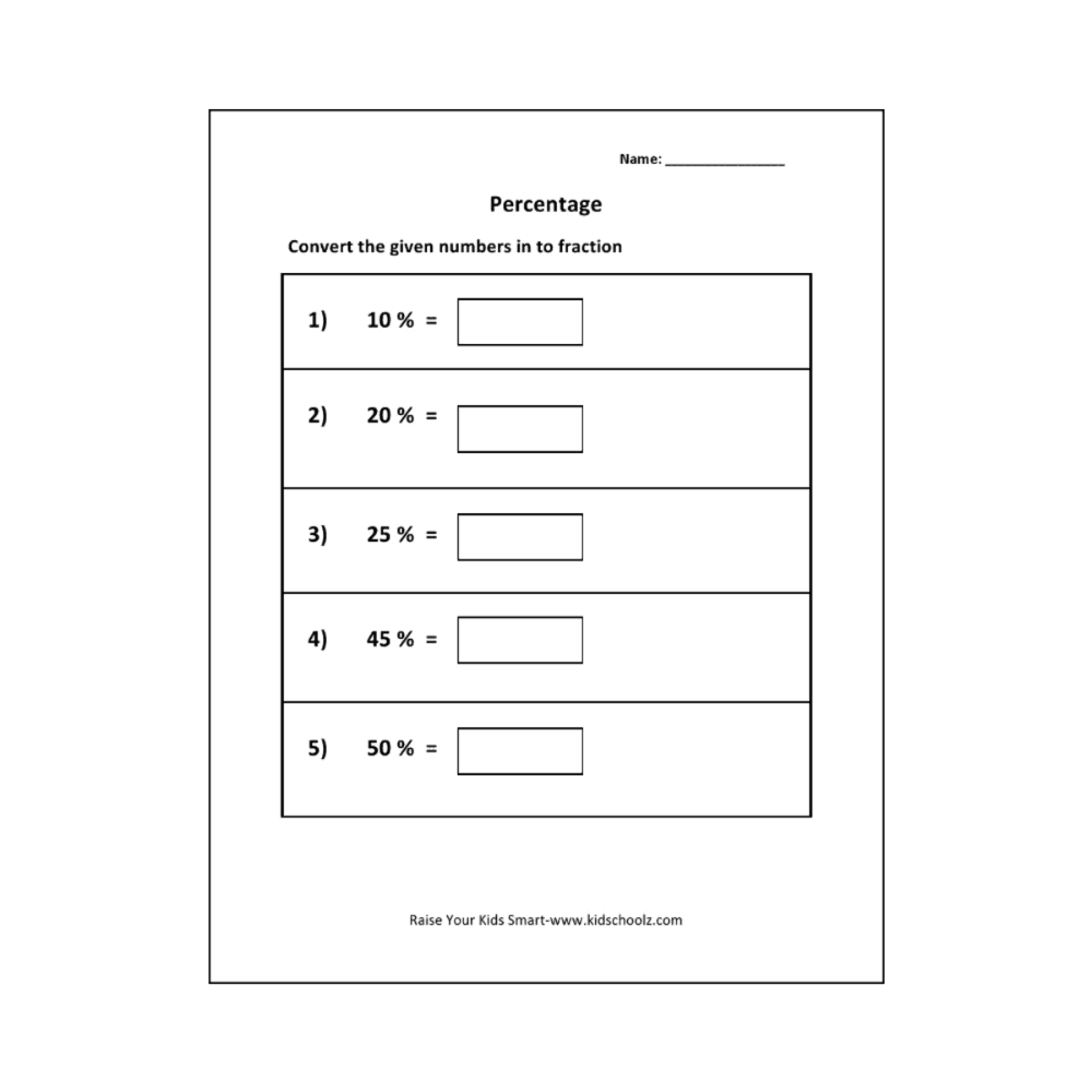 Elementary school Worksheet | Grade 5 – Percentage to Fraction Worksheet 1