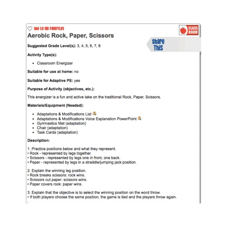 Elementary school Lesson Idea | Aerobic Rock, Paper, Scissors