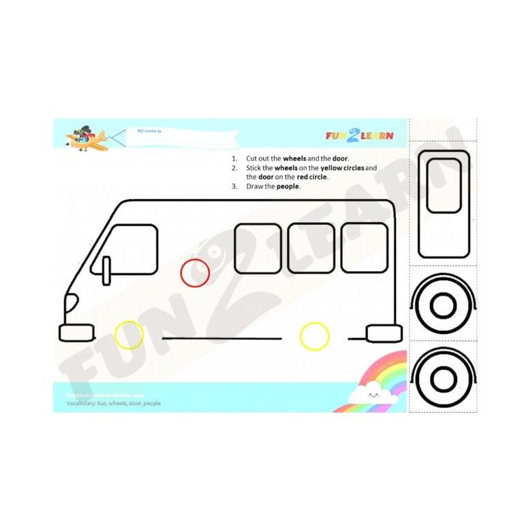 Elementary school Worksheet | Color, Cut, Stick, and Draw Worksheet - Bus, Wheels, Door, and People