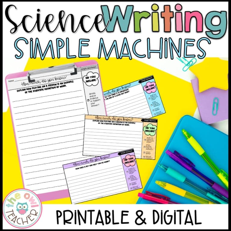 Elementary school Lesson Package | Simple Machines Science Writing Prompts - Exit Tickets