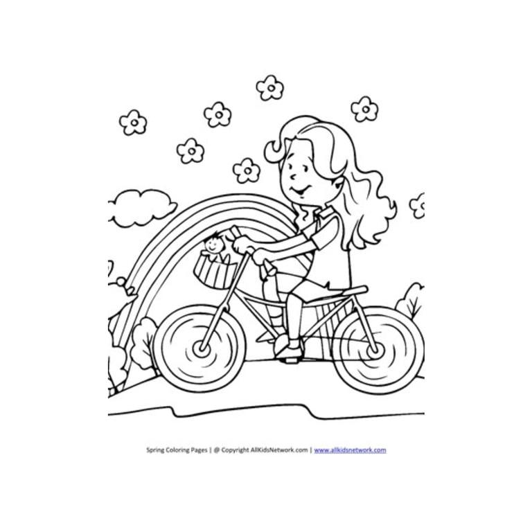 Elementary school Worksheet | Riding Bike in Spring Coloring Page