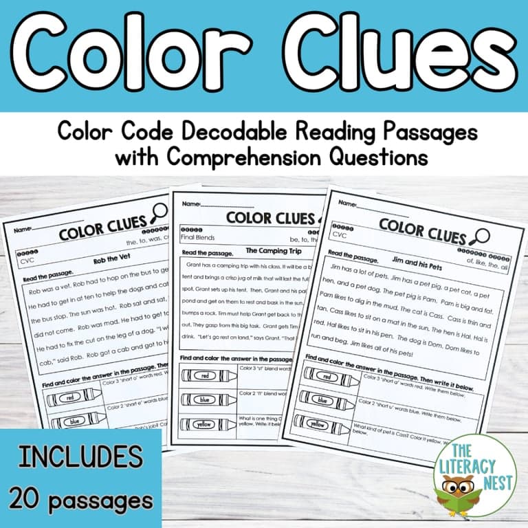 Elementary school Worksheet | Color Code Decodable Reading Passages With Comprehension Questions