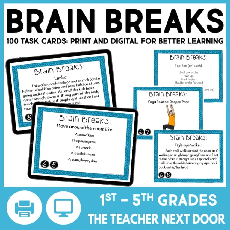 Elementary school Energizer | Brain Breaks 100 Task Cards for the Entire Year