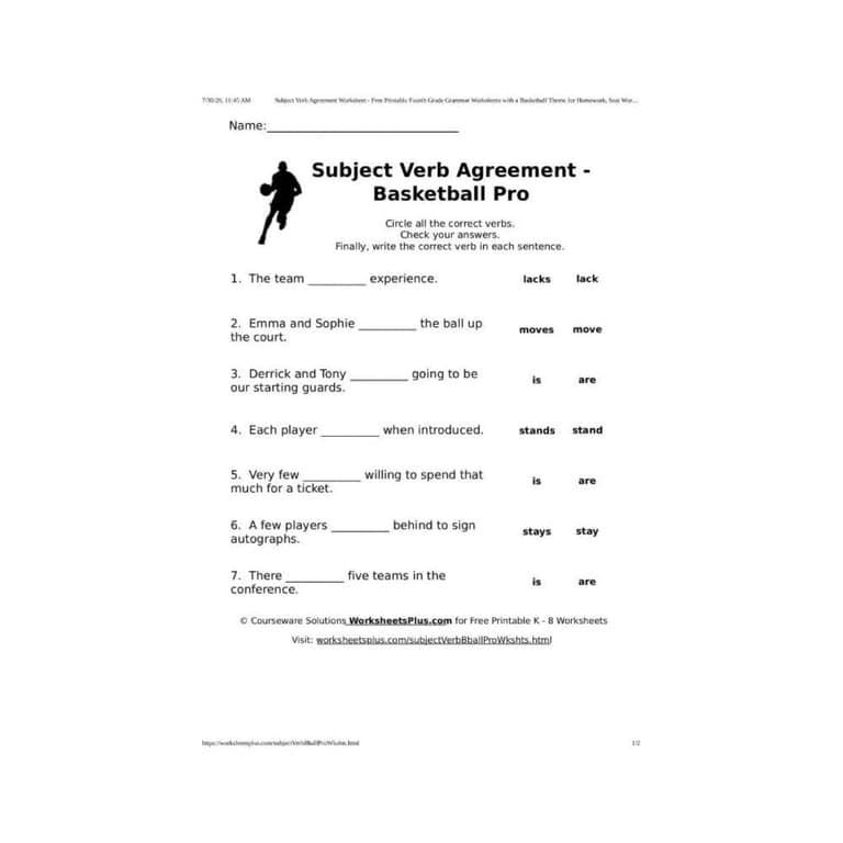 Elementary school Worksheet | Subject Verb Agreement - Basketball Pro