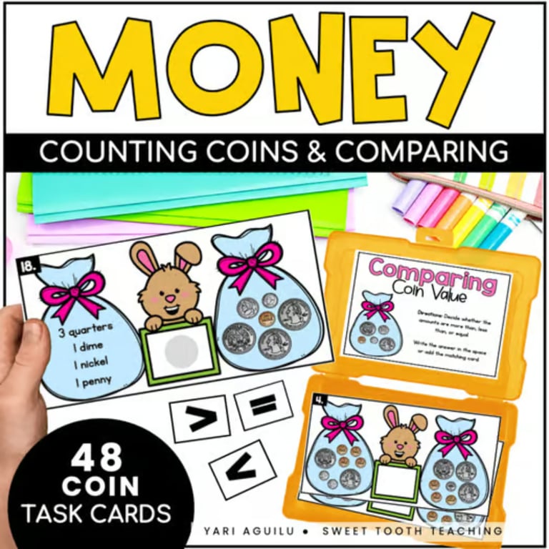 Elementary school Material | Counting Money Coins - Comparing Coin Value Task Cards | Spring Math Centers