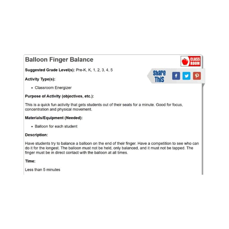 Elementary school Lesson Idea | Balloon Finger Balance