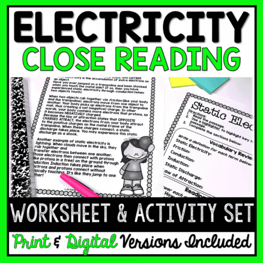 Elementary school Lesson Package | Electricity: Close Reading Passage and Activity Set (Print & Digital)
