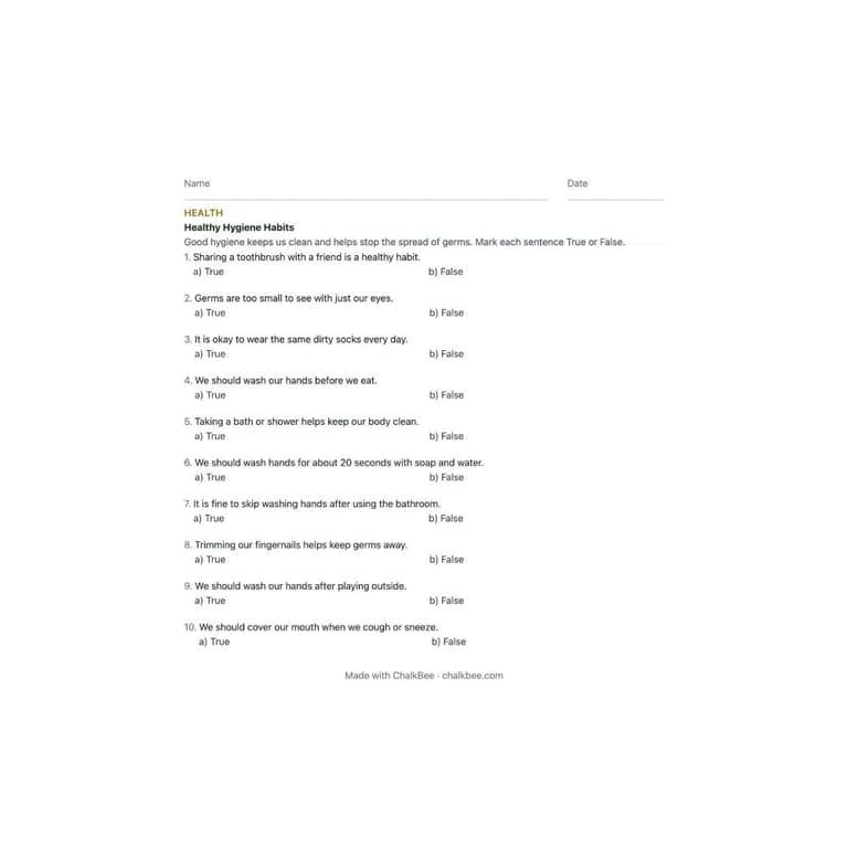 Elementary school Worksheet | Healthy Hygiene Habits (Grade 2)