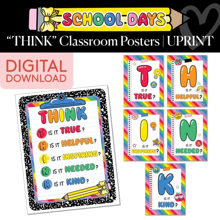 Elementary school Poster | Printable Bright Rainbow Think Posters - School Days