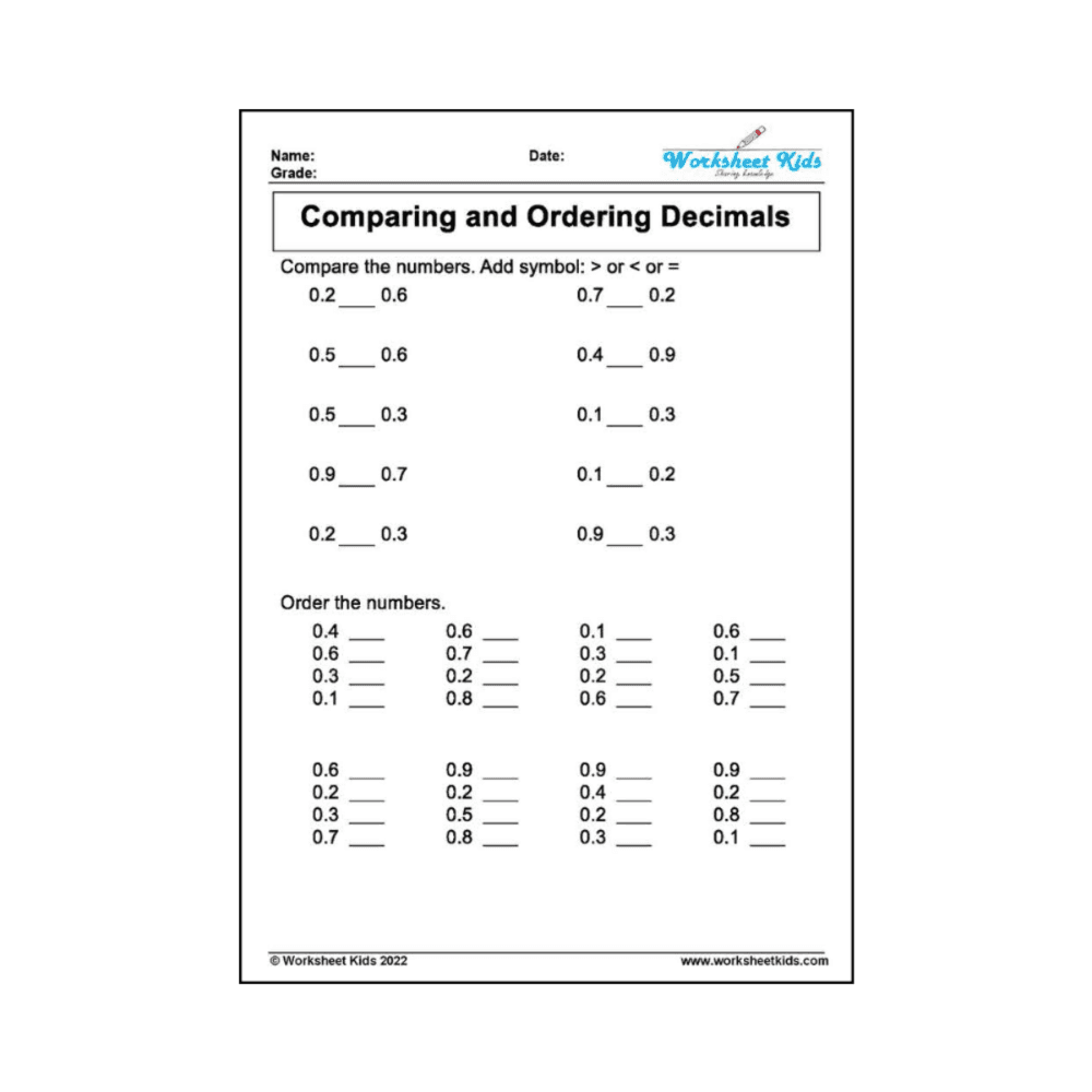 Elementary school Worksheet | Comparing and Ordering Decimals for 4th Grade With Answer Key
