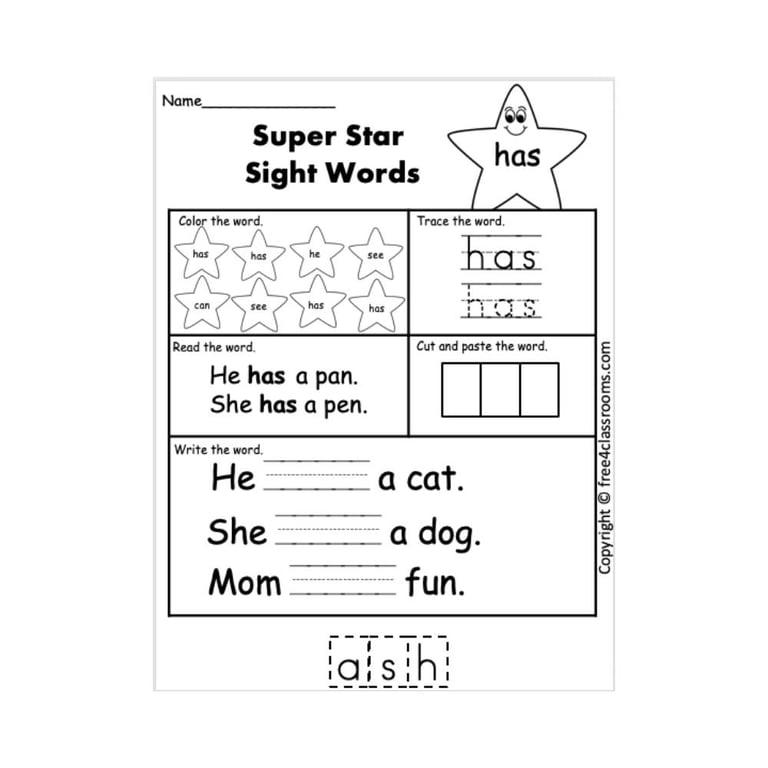 Elementary school Worksheet | Super Star Sight Words (Has)