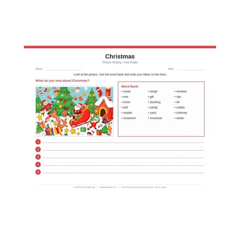 Elementary school Worksheet | Christmas Writing for 2nd Grade