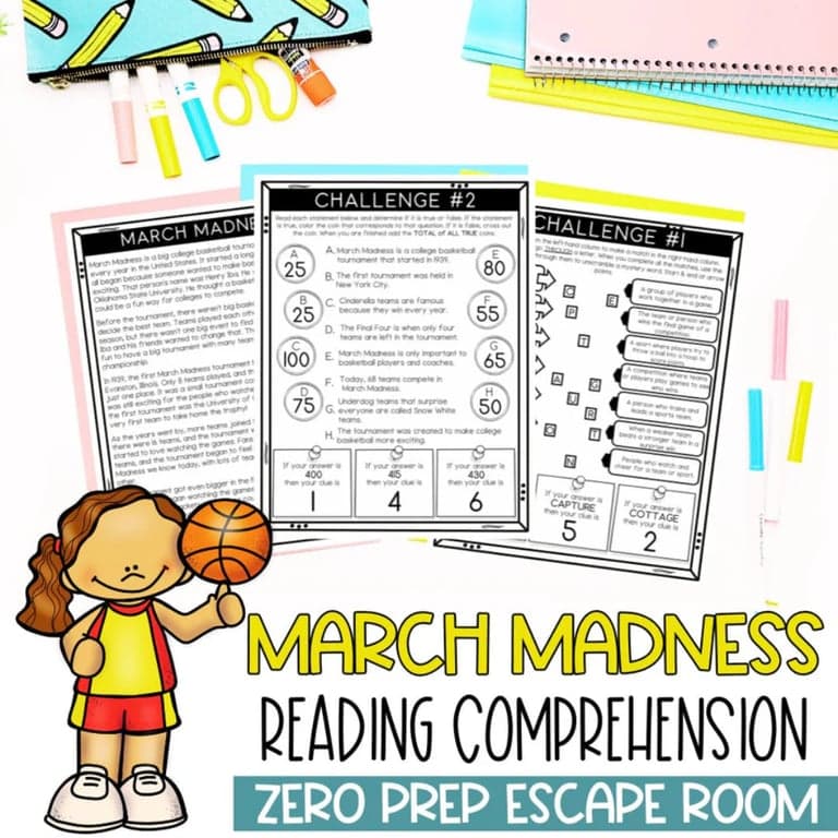 Elementary school Game | March Madness Reading Challenge Escape Room - Reading Comprehension