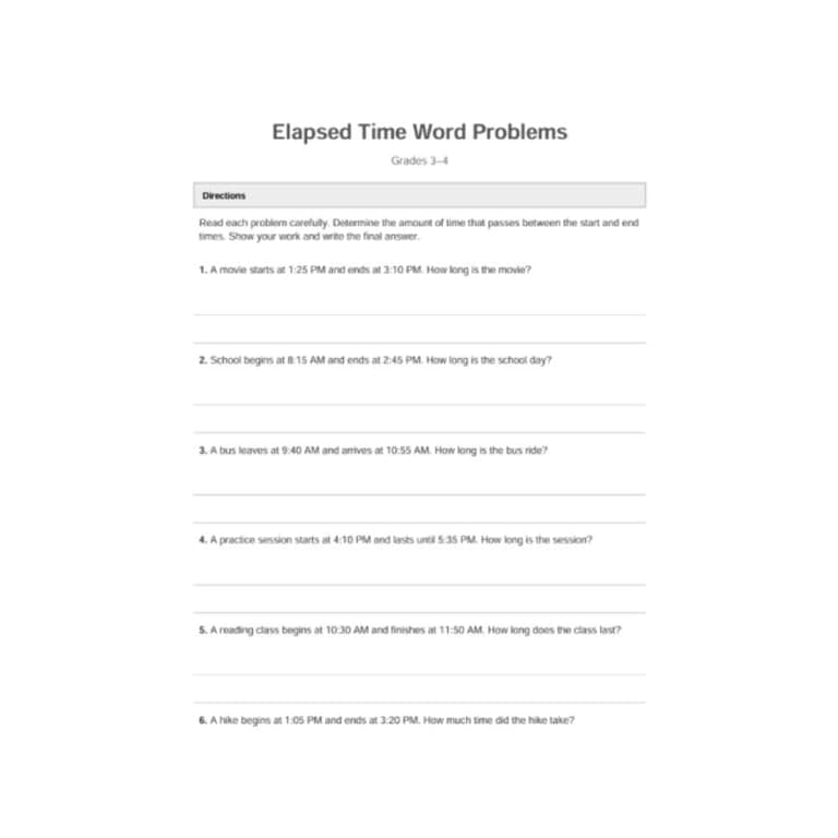 Elementary school Worksheet | Elapsed Time Word Problems (Grades 3–4)