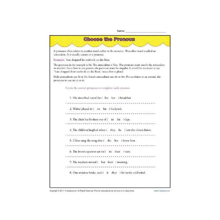 Elementary school Worksheet | Choose the Pronoun - Pronoun Agreement Worksheet