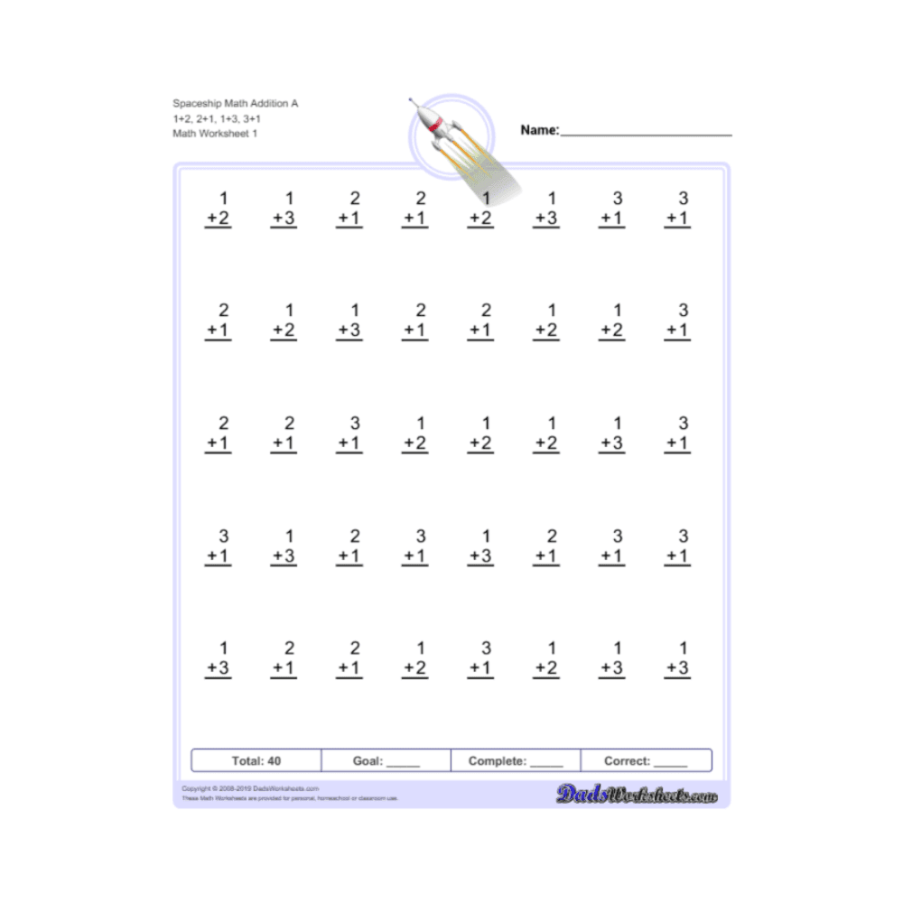 Elementary school Worksheet | Spaceship Math Addition A, 1+2, 2+1, 1+3, 3+1
