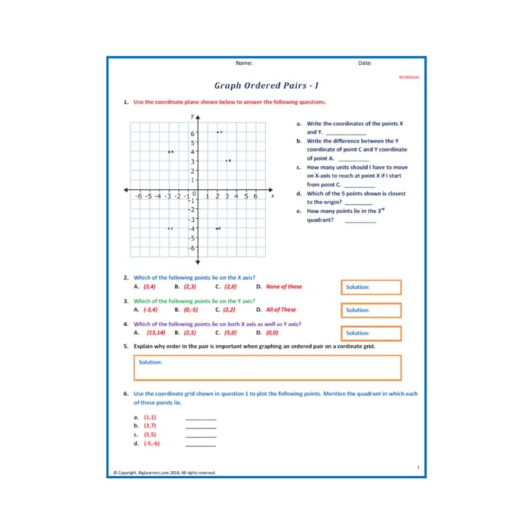 Elementary school Worksheet | Graph Ordered Pairs - I : Worksheet for Fifth Grade Math