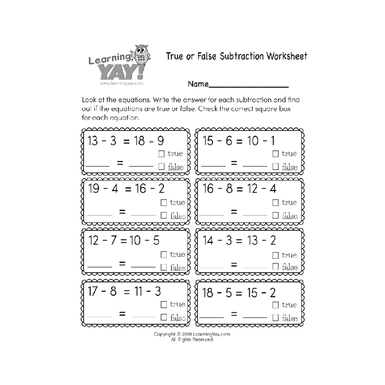 Elementary school Worksheet | True or False Subtraction Worksheet