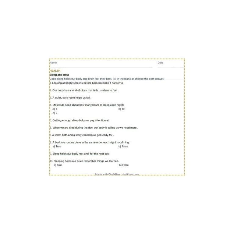 Elementary school Worksheet | Sleep and Rest (Grade 2)