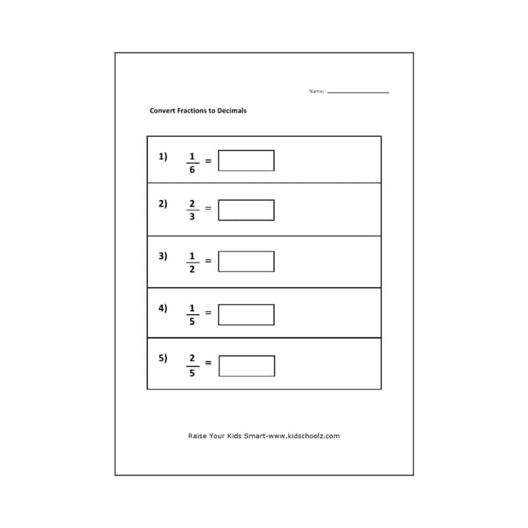Elementary school Worksheet | Grade 5 – Convert Fraction to Decimal Worksheet 2