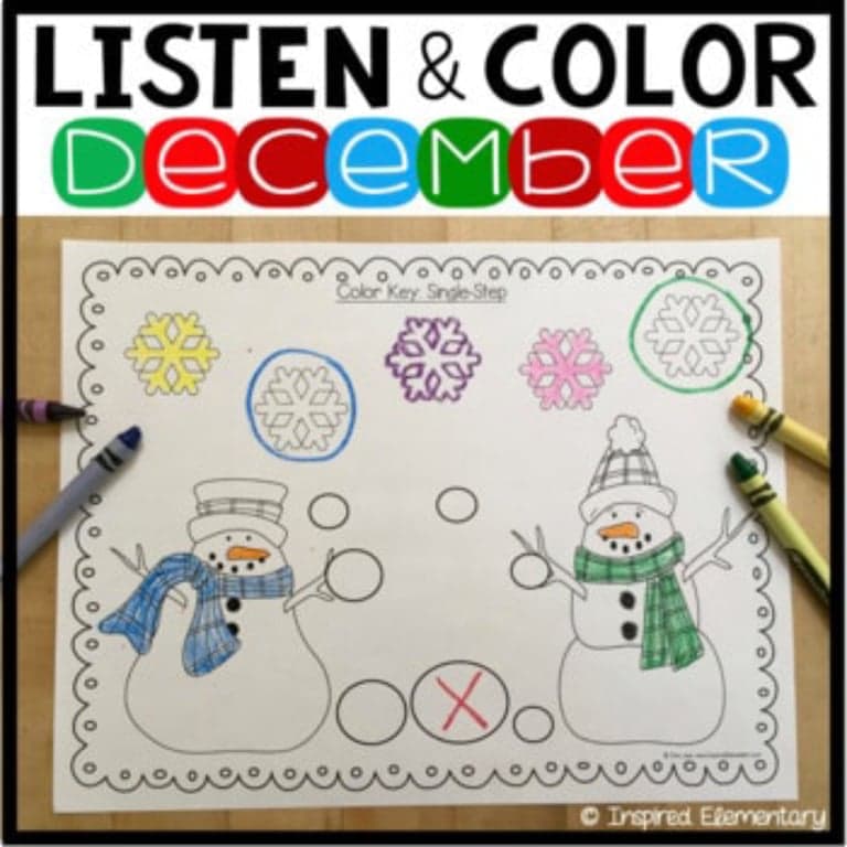 Elementary school Lesson Package | Listen and Color December - Following Directions Activities