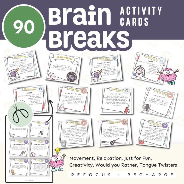 Elementary school Energizer | Brain Break Cards for Kids PDF