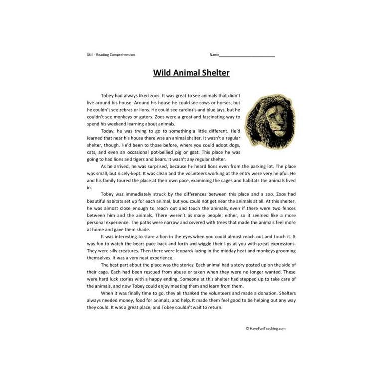 Elementary school Worksheet | Wild Animal Shelter Reading Comprehension