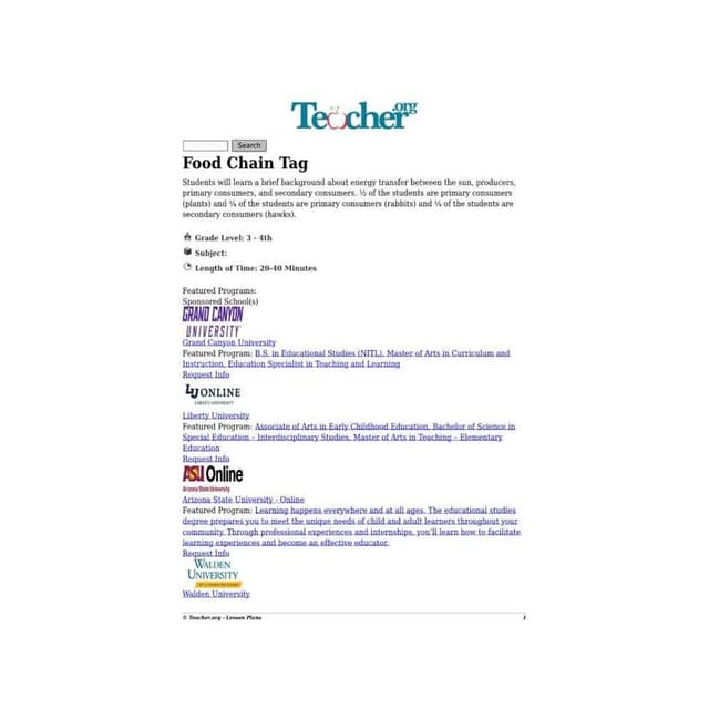 Elementary school Lesson Idea | Food Chain Tag